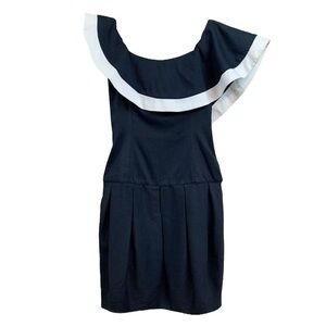 Vtg Barboglio Cristina Jan Asymmetrical Ruffle Pleated Dress Black White Size 6